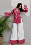 Women's Pink Floral Print Kurti & White Palazzo Set