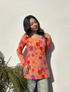 Women's Peach Floral Print Square-Neck Short Kurti