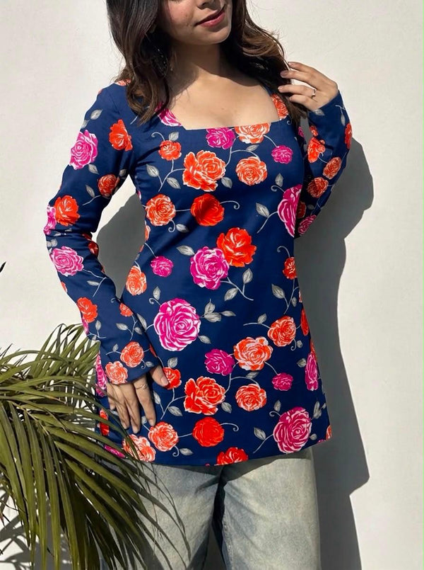 Women's Navy Floral Print Square-Neck Short Kurti