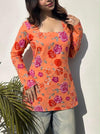 Women's Peach Floral Print Square-Neck Short Kurti