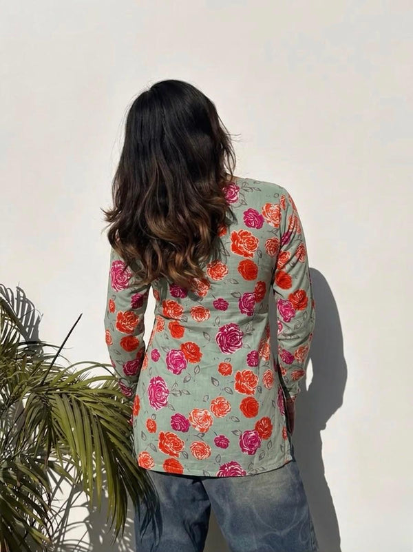 Women's Mint Floral Print Square-Neck Short Kurti