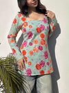 Women's Mint Floral Print Square-Neck Short Kurti