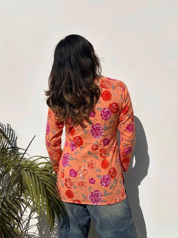 Women's Peach Floral Print Square-Neck Short Kurti