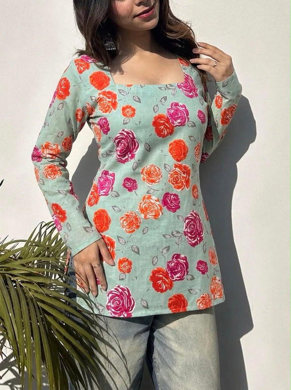 Women's Mint Floral Print Square-Neck Short Kurti