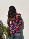 Women's Navy Floral Print Square-Neck Short Kurti