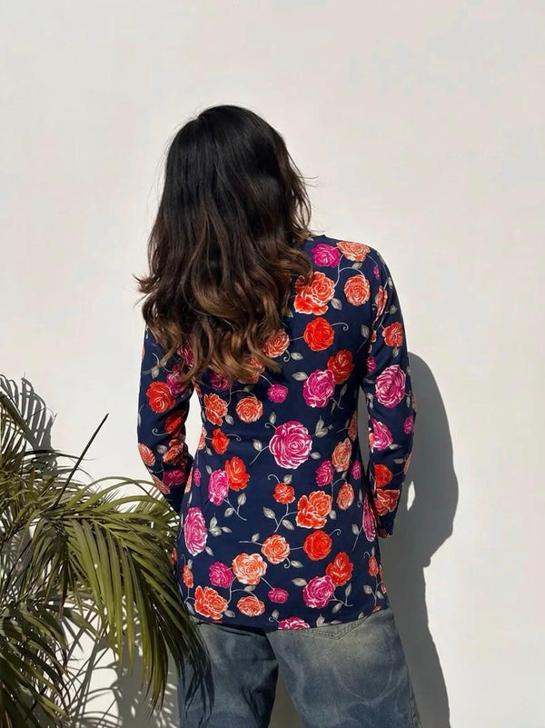 Women's Navy Floral Print Square-Neck Short Kurti