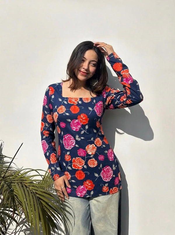 Women's Navy Floral Print Square-Neck Short Kurti
