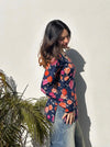 Women's Navy Floral Print Square-Neck Short Kurti