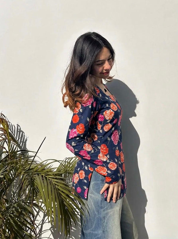 Women's Navy Floral Print Square-Neck Short Kurti