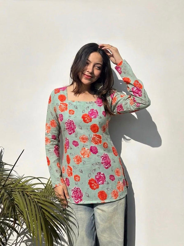 Women's Mint Floral Print Square-Neck Short Kurti