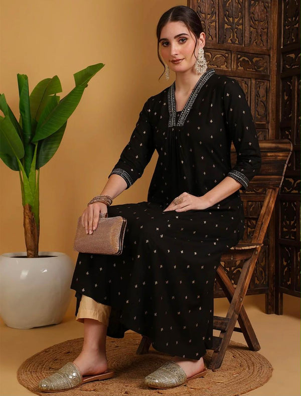 Women's Black Small Motif Print Flared Kurta & Beige Trouser Set