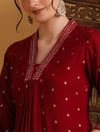 Women's Red Small Motif Print Flared Kurta & Beige Trouser Set