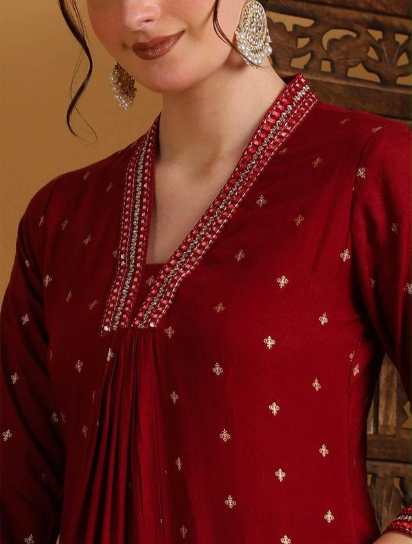 Women's Red Small Motif Print Flared Kurta & Beige Trouser Set