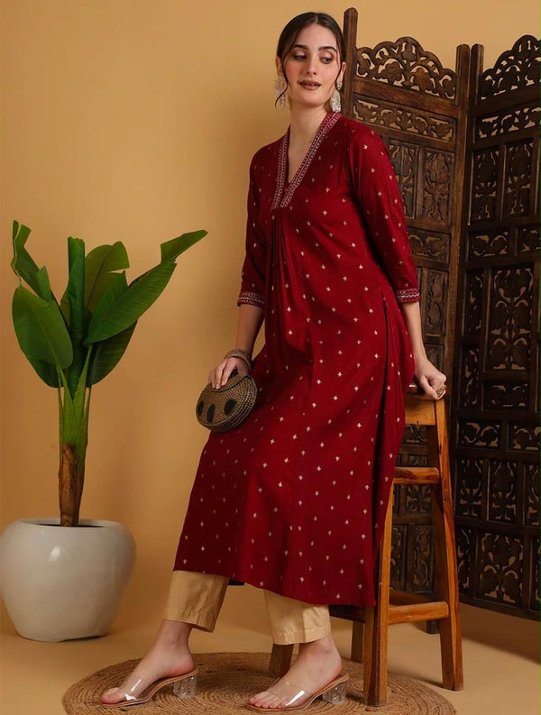 Women's Red Small Motif Print Flared Kurta & Beige Trouser Set