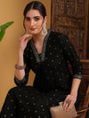 Women's Black Small Motif Print Flared Kurta & Beige Trouser Set