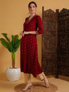 Women's Red Small Motif Print Flared Kurta & Beige Trouser Set