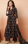 Women's Black Ornamental Motif Print Anarkali Suit Set with Dupatta