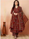 Women's Rust Ornamental Motif Print Anarkali Suit Set with Dupatta