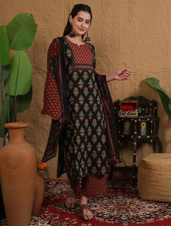 Women's Black & Rust Mixed Print Suit Set with Dupatta