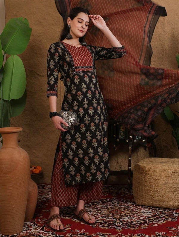 Women's Black & Rust Mixed Print Suit Set with Dupatta