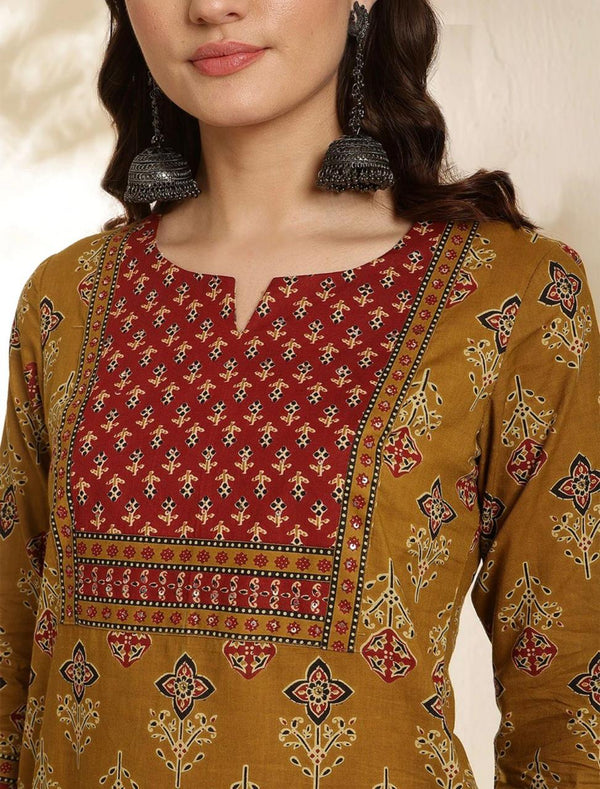Women's Mustard & Rust Mixed Print Suit Set with Dupatta