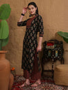 Women's Black & Rust Mixed Print Suit Set with Dupatta