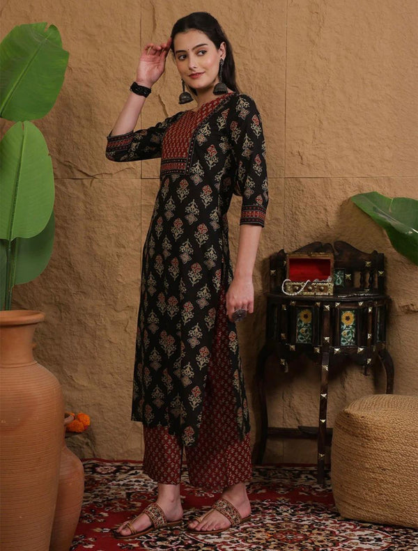 Women's Black & Rust Mixed Print Suit Set with Dupatta