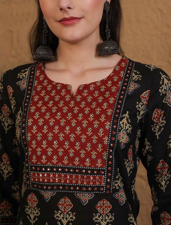 Women's Black & Rust Mixed Print Suit Set with Dupatta