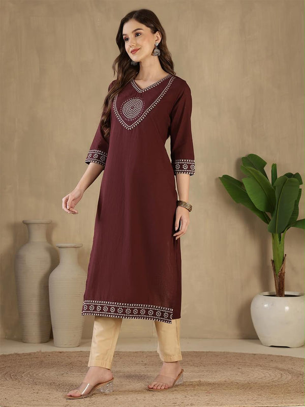 Women's Maroon Decorative-Yoke Kurta & Cream Trouser Set