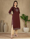 Women's Maroon Decorative-Yoke Kurta & Cream Trouser Set