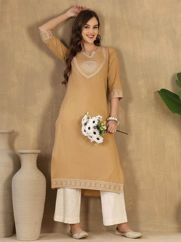 Women's Beige Decorative-Yoke Kurta & Ivory Palazzo Set