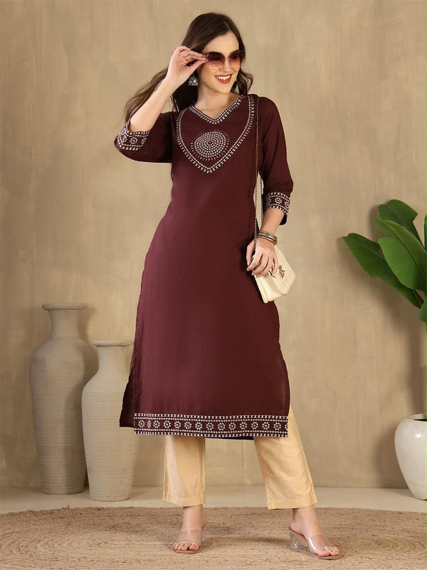 Women's Maroon Decorative-Yoke Kurta & Cream Trouser Set