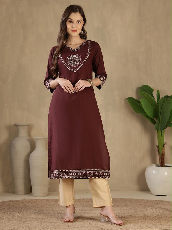 Women's Maroon Decorative-Yoke Kurta & Cream Trouser Set