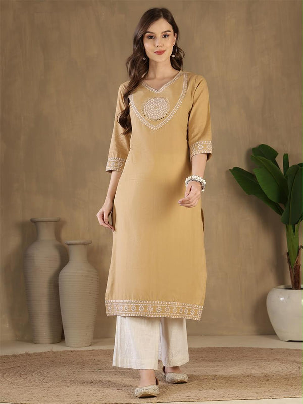 Women's Beige Decorative-Yoke Kurta & Ivory Palazzo Set