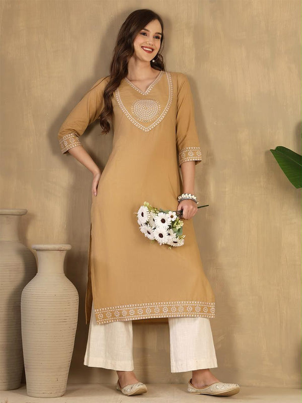 Women's Beige Decorative-Yoke Kurta & Ivory Palazzo Set