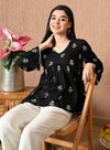 Women's Black & White Motif Print Peplum Top & Ivory Palazzo Set