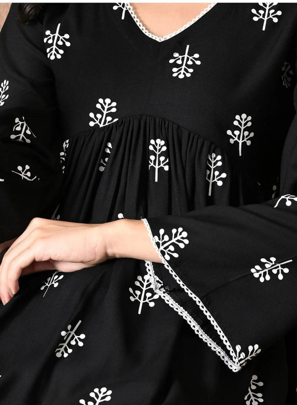 Women's Black & White Motif Print Peplum Top & Ivory Palazzo Set