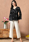 Women's Black & White Motif Print Peplum Top & Ivory Palazzo Set