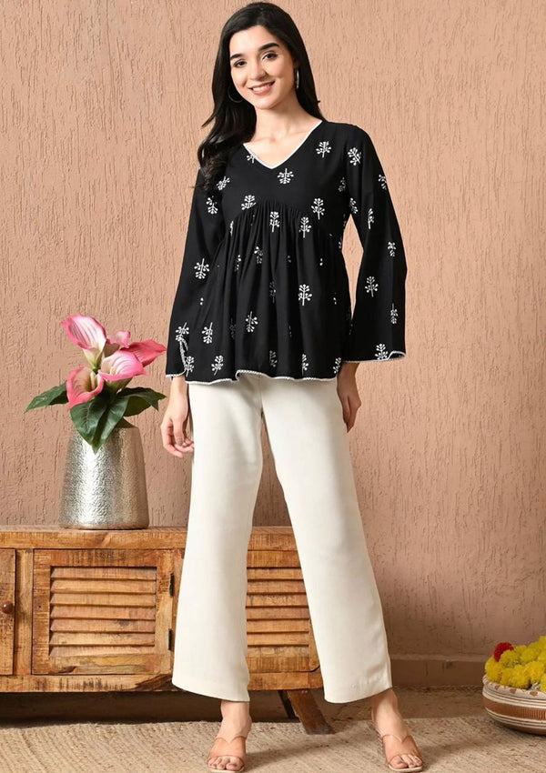 Women's Black & White Motif Print Peplum Top & Ivory Palazzo Set