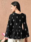 Women's Black & White Motif Print Peplum Top & Ivory Palazzo Set