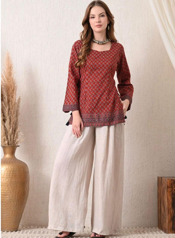 Women's Maroon Geometric Print Short Kurti & Ivory Palazzo Set