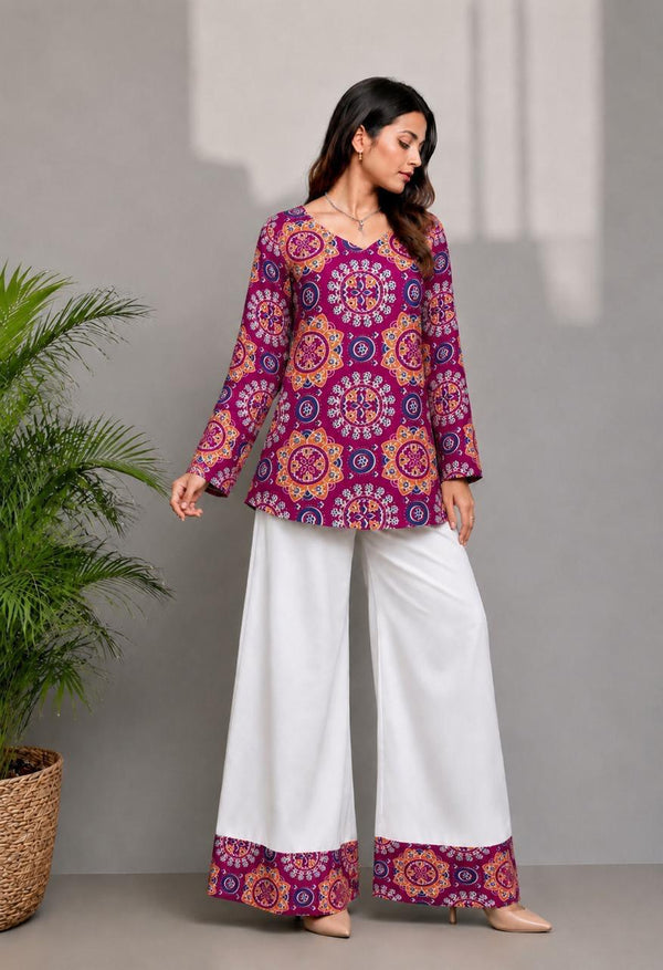 Women's Magenta Circular Motif Print Kurti & White Palazzo Set