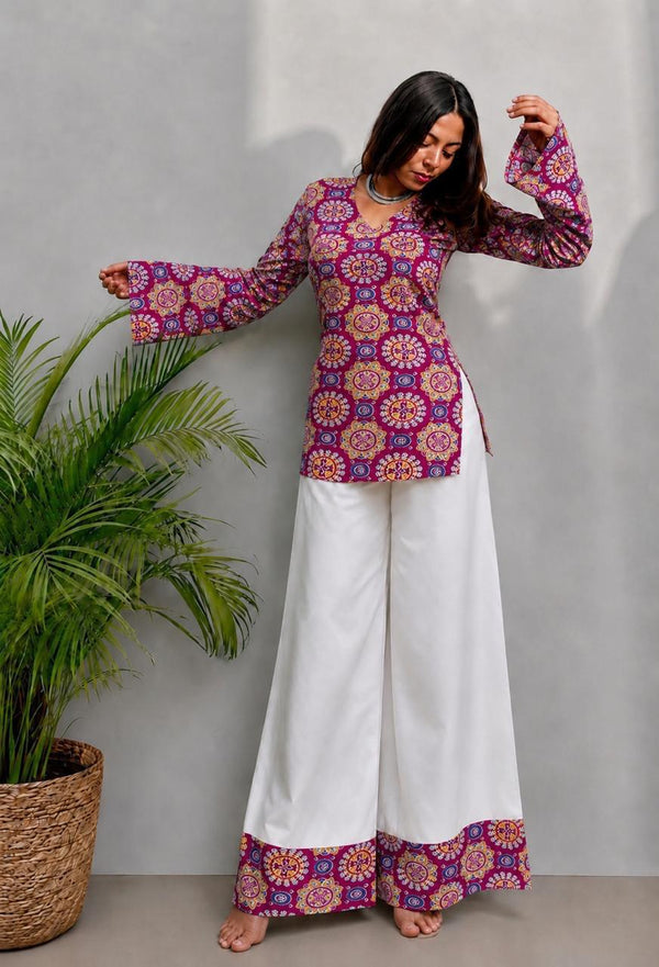 Women's Purple Floral Medallion Print Kurti & White Palazzo Set