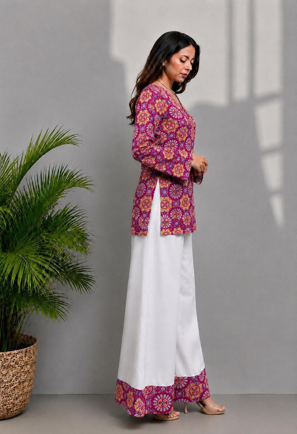 Women's Purple Floral Medallion Print Kurti & White Palazzo Set