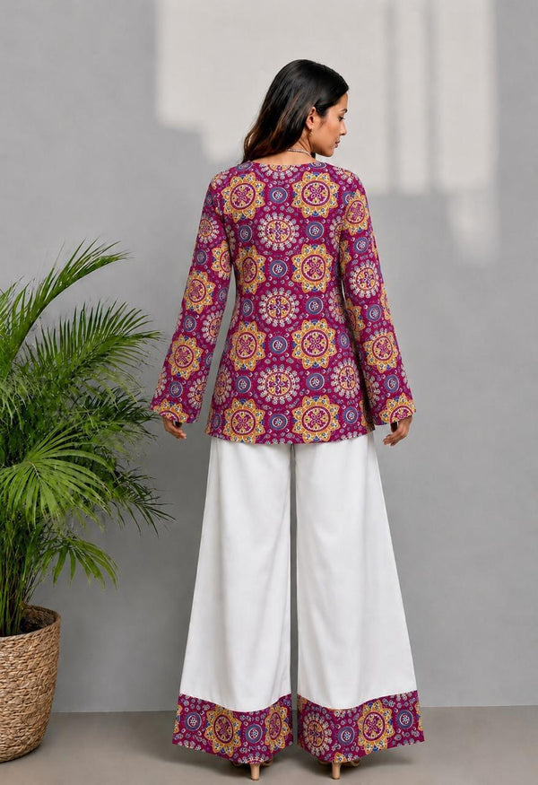 Women's Magenta Circular Motif Print Kurti & White Palazzo Set