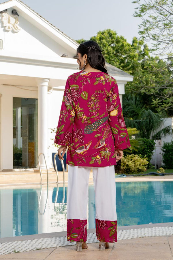 Women's Pink Botanical Print Kurti & White Palazzo Set