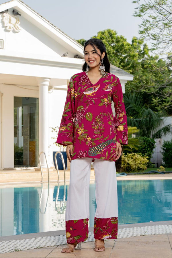 Women's Pink Botanical Print Kurti & White Palazzo Set