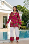 Women's Pink Botanical Print Kurti & White Palazzo Set
