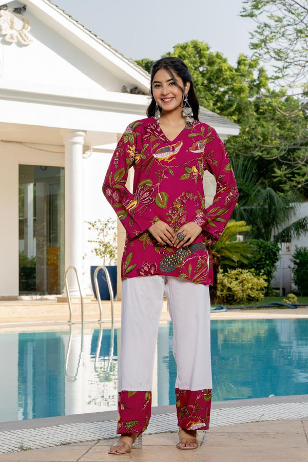 Women's Pink Botanical Print Kurti & White Palazzo Set