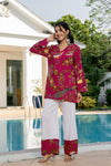 Women's Pink Botanical Print Kurti & White Palazzo Set